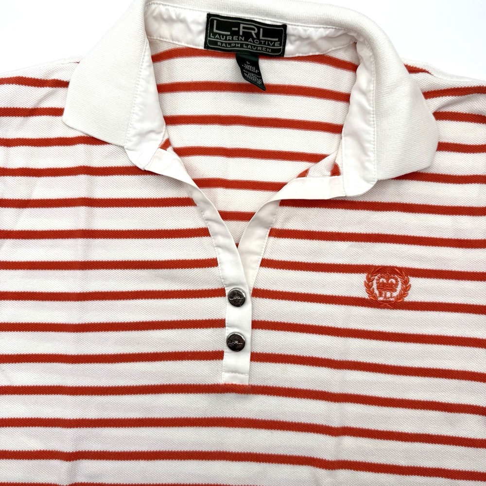 Lauren Active Ralph Lauren Polo Women L Orange White Striped Crest Short Sleeve
